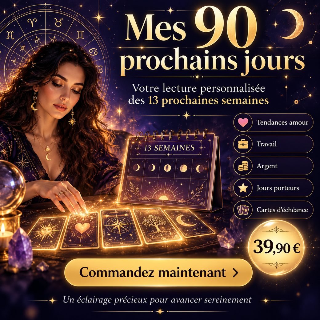 Mes 90 prochains jours : lecture personnalisée des 13 prochaines semaines, tendances amour, travail, argent, jours porteurs, cartes d'échéance, 39,90 €
